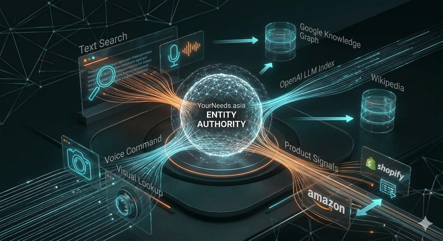 YourNeeds.asia AI SEO Agency USA — Entity Authority diagram showing AEO Direct Answers, GEO Generative Citations and SEO Technical Foundation converging at Entity Authority core
