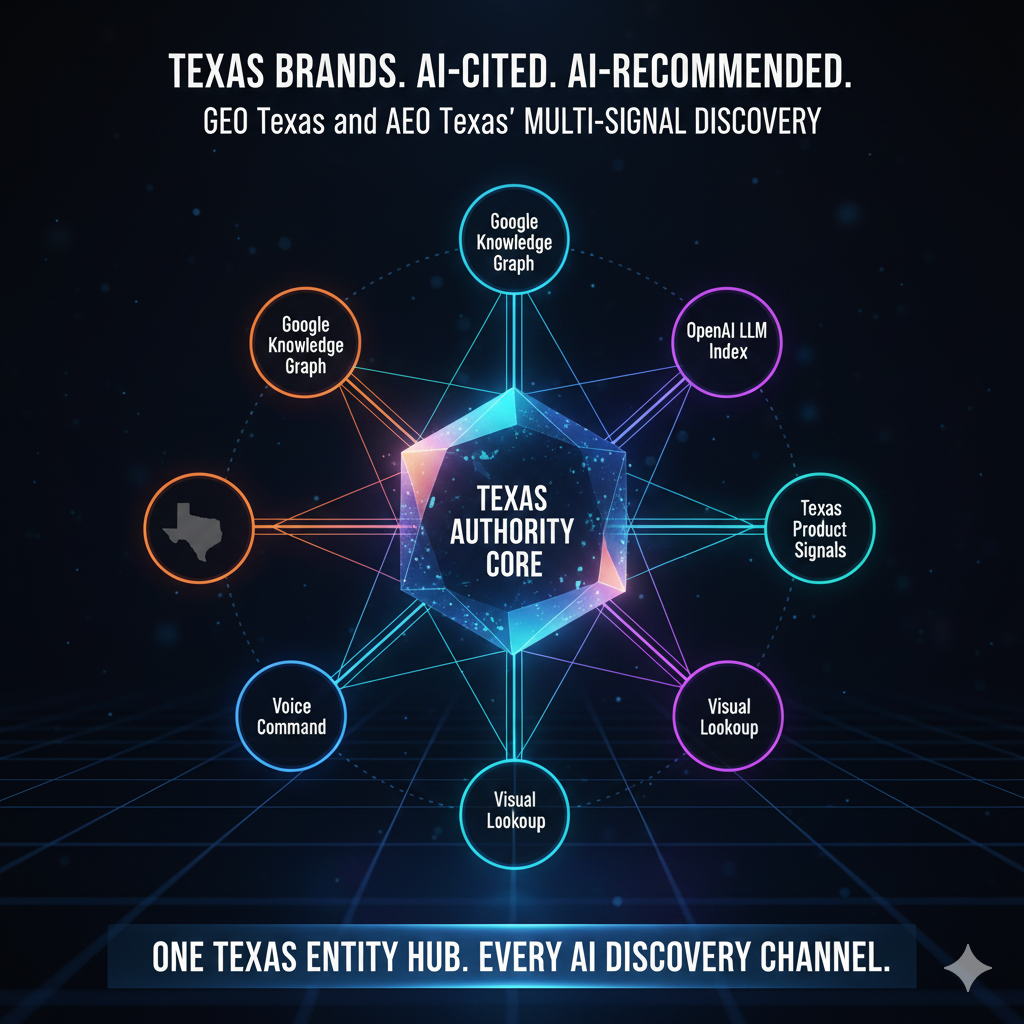 AI SEO Services Texas — YourNeeds.asia showing how Texas brand search results flow into an AI Generated Summary with Concise Answer Block, Key Citation Source and Texas Product Fragment